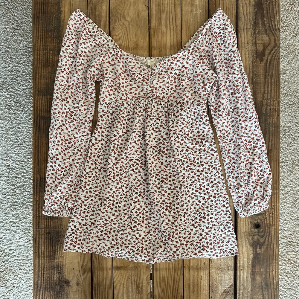 LA Hearts Ditsy Floral Smocked Back Long Sleeve Mini Dress Cream Rust XS